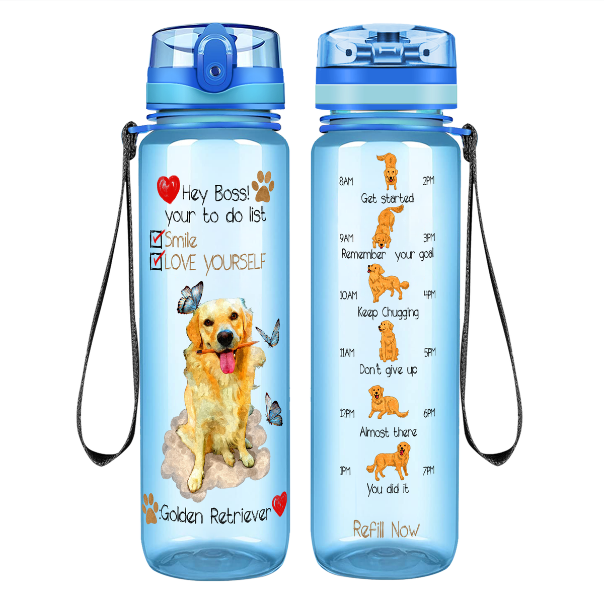 Hey Boss! Your To Do List Golden Retriever on 32 oz Motivational Tracking Water Bottle