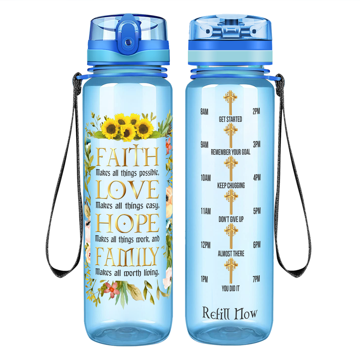 Faith Love Hope Family on 32 oz Motivational Tracking Water Bottle
