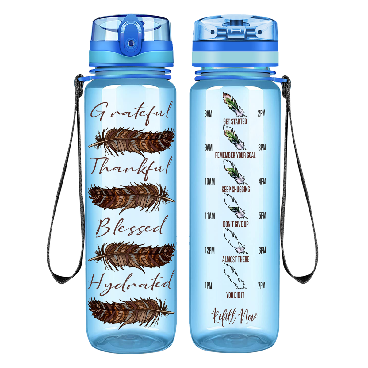 Grateful Thankful Blessed Hydrated with Feathers on 32 oz Motivational Tracking Water Bottle