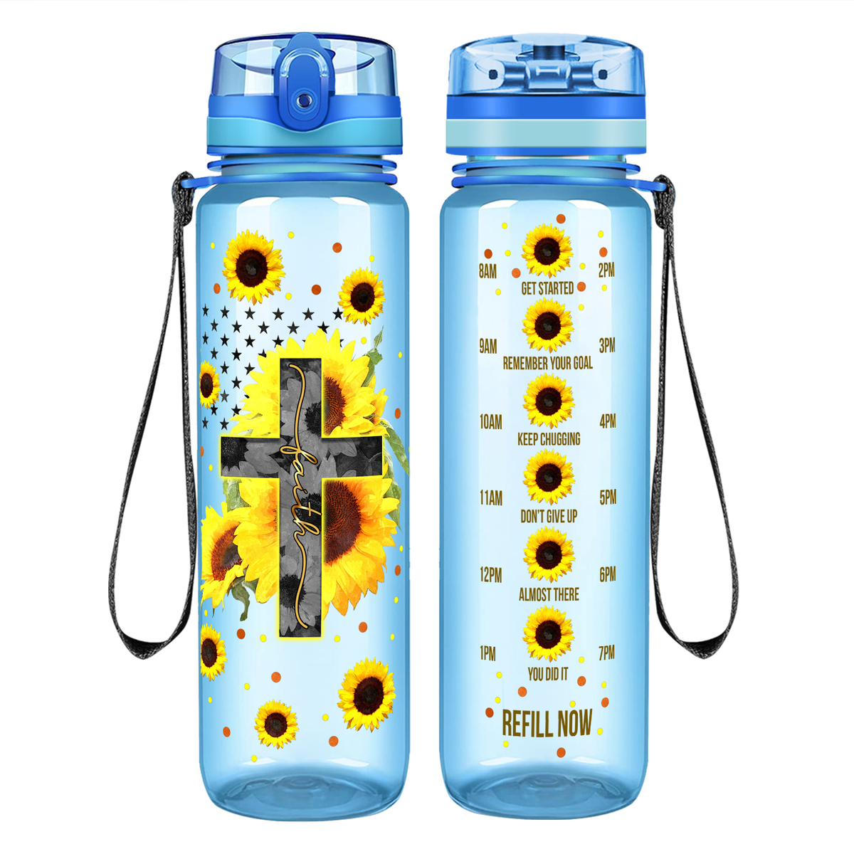 Faith Cross Sunflowers on 32 oz Motivational Tracking Water Bottle