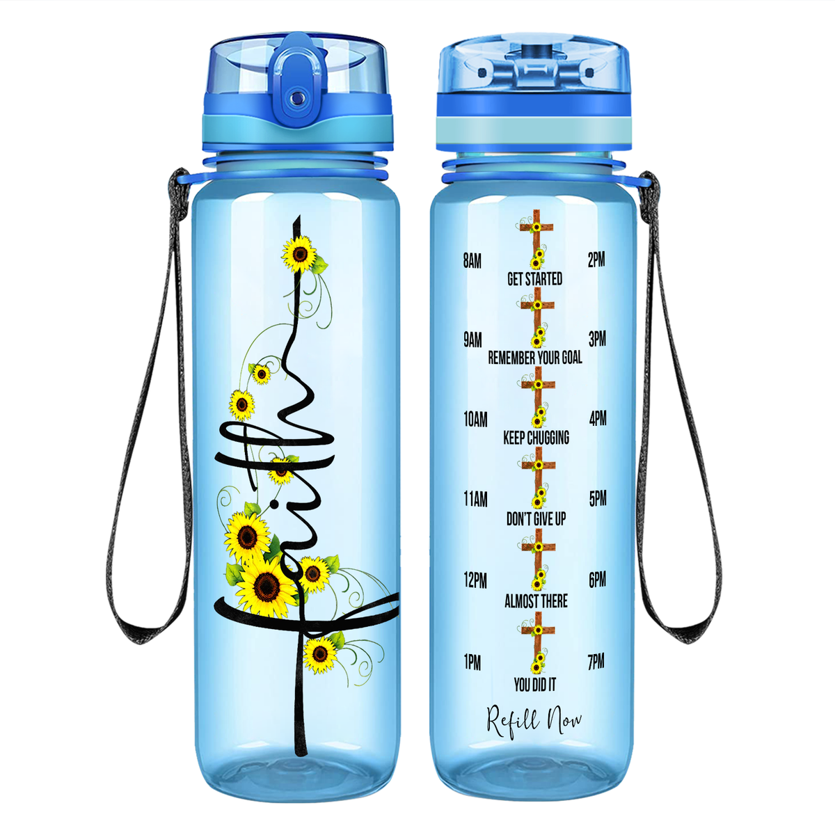 Faith Sunflowers on 32 oz Motivational Tracking Water Bottle