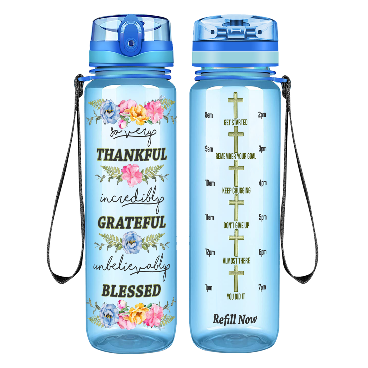 Thankful Grateful Blessed on 32 oz Motivational Tracking Water Bottle