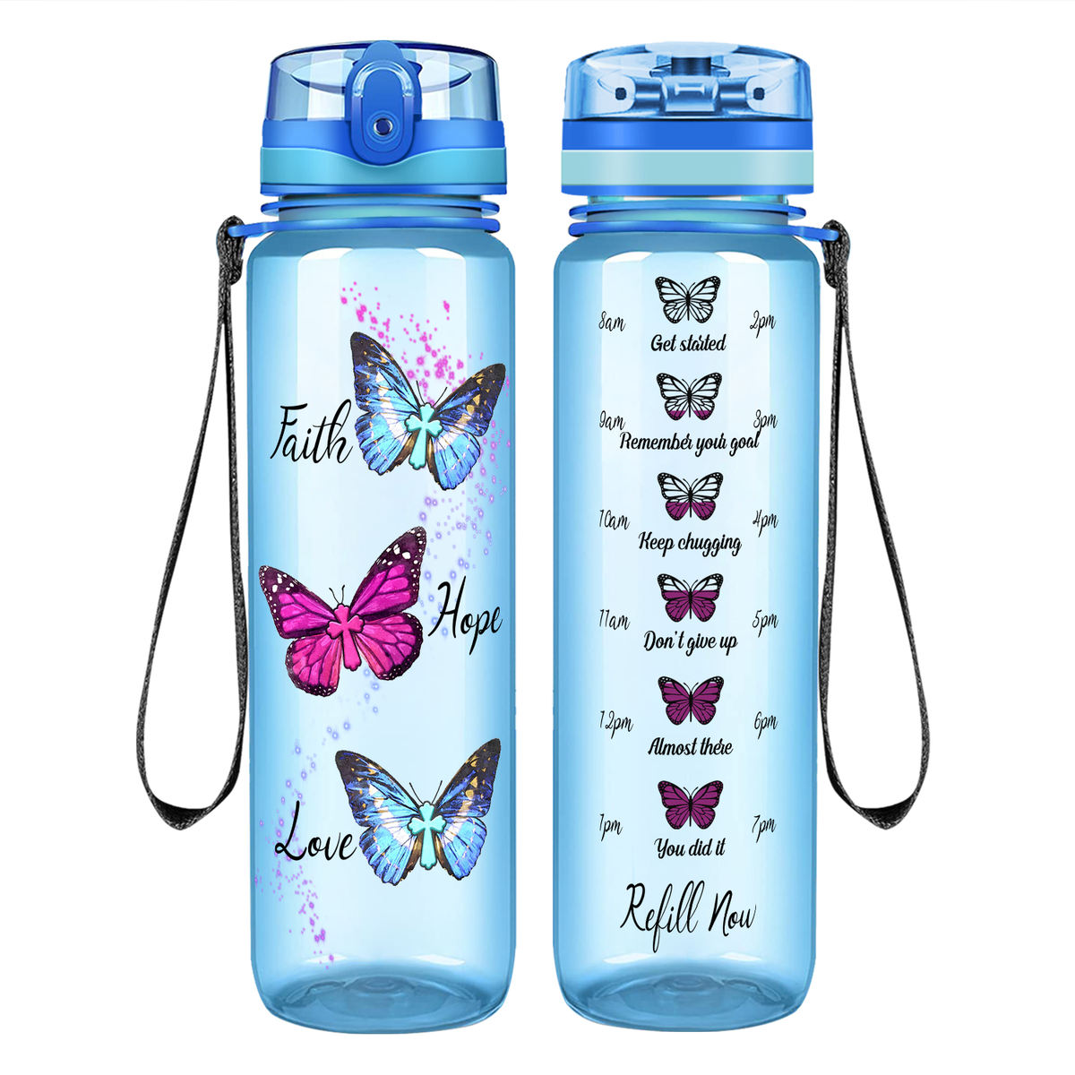 Faith Hope Love Butterflies on 32 oz Motivational Tracking Water Bottle
