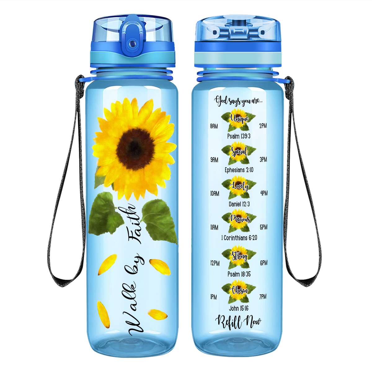 Walk By Faith Sunflower on 32 oz Motivational Tracking Water Bottle