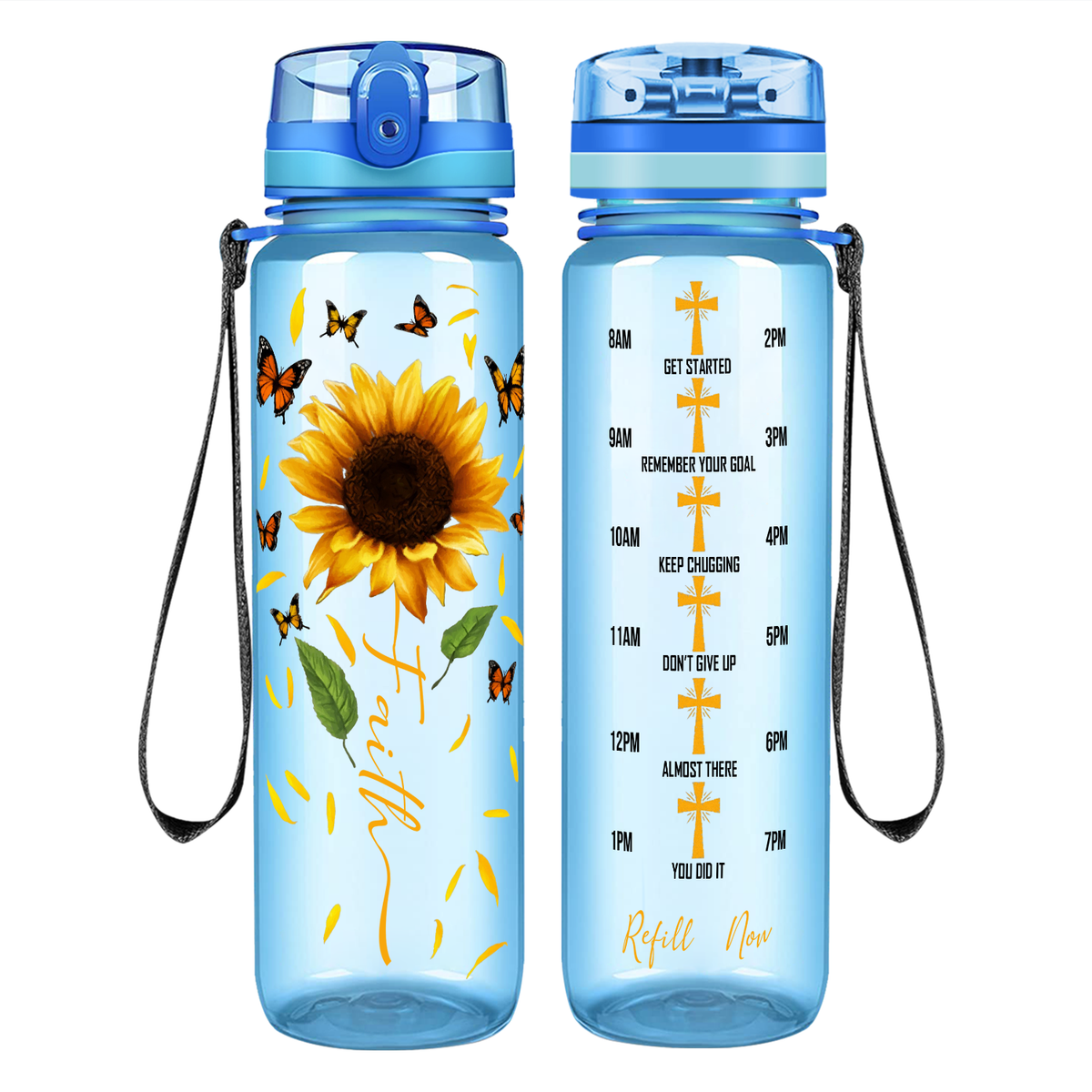 Faith Sunflowers Butterflies on 32 oz Motivational Tracking Water Bottle