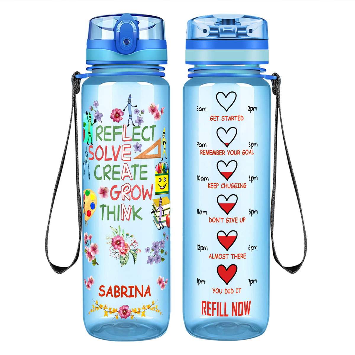 Personalized Reflect Solve Create Grow Think on 32 oz Motivational Tracking Water Bottle