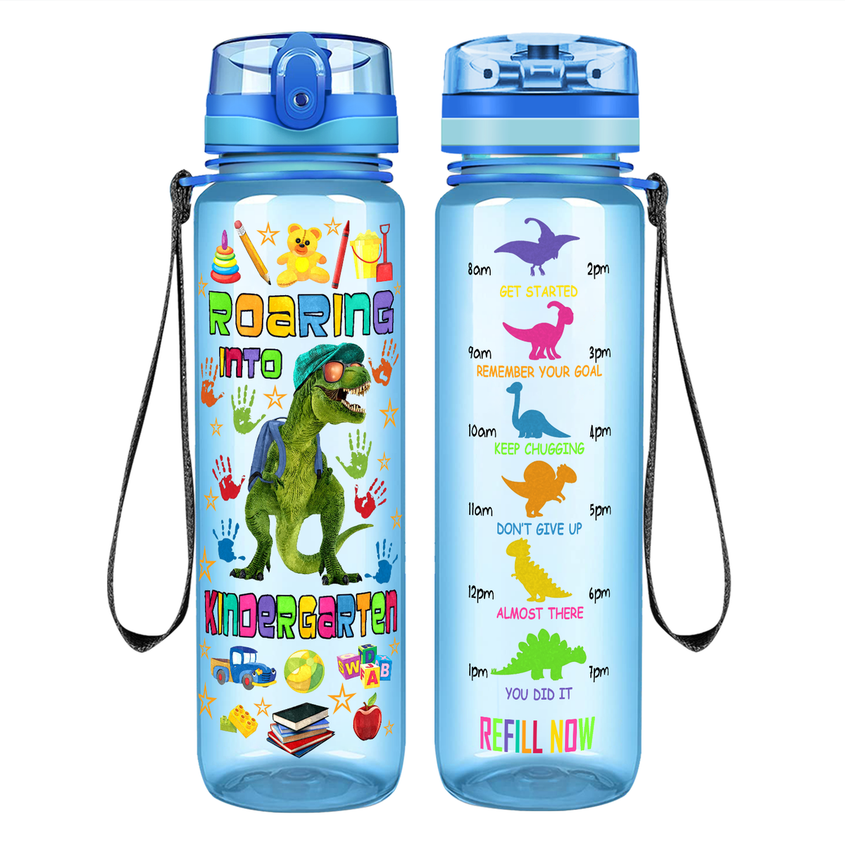 Roaring Into Kindergarten on 32 oz Motivational Tracking Water Bottle