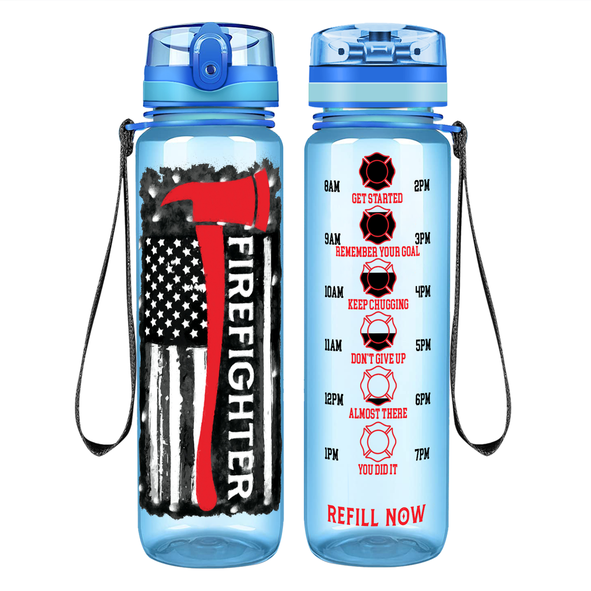Firefighter Axe Distressed Flag on 32 oz Motivational Tracking Water Bottle