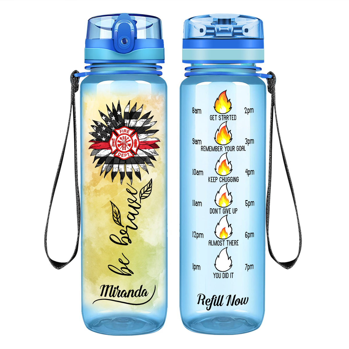 Personalized Firefigher Be Brave on 32 oz Motivational Tracking Water Bottle