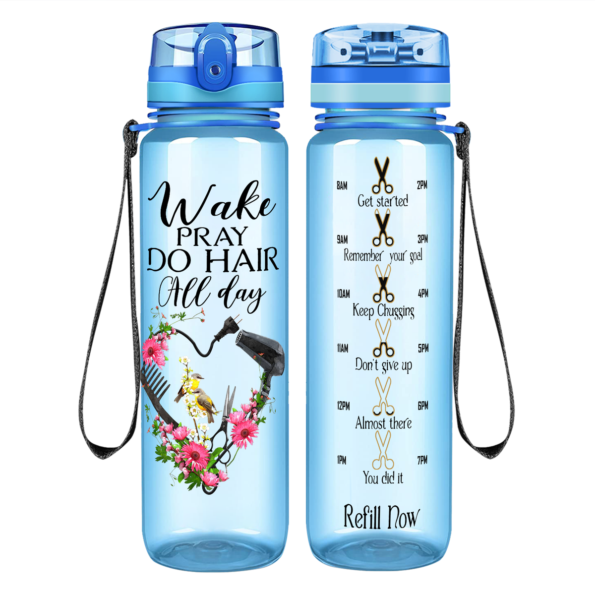 Wake Pray Do Hair All Day on 32 oz Motivational Tracking Water Bottle