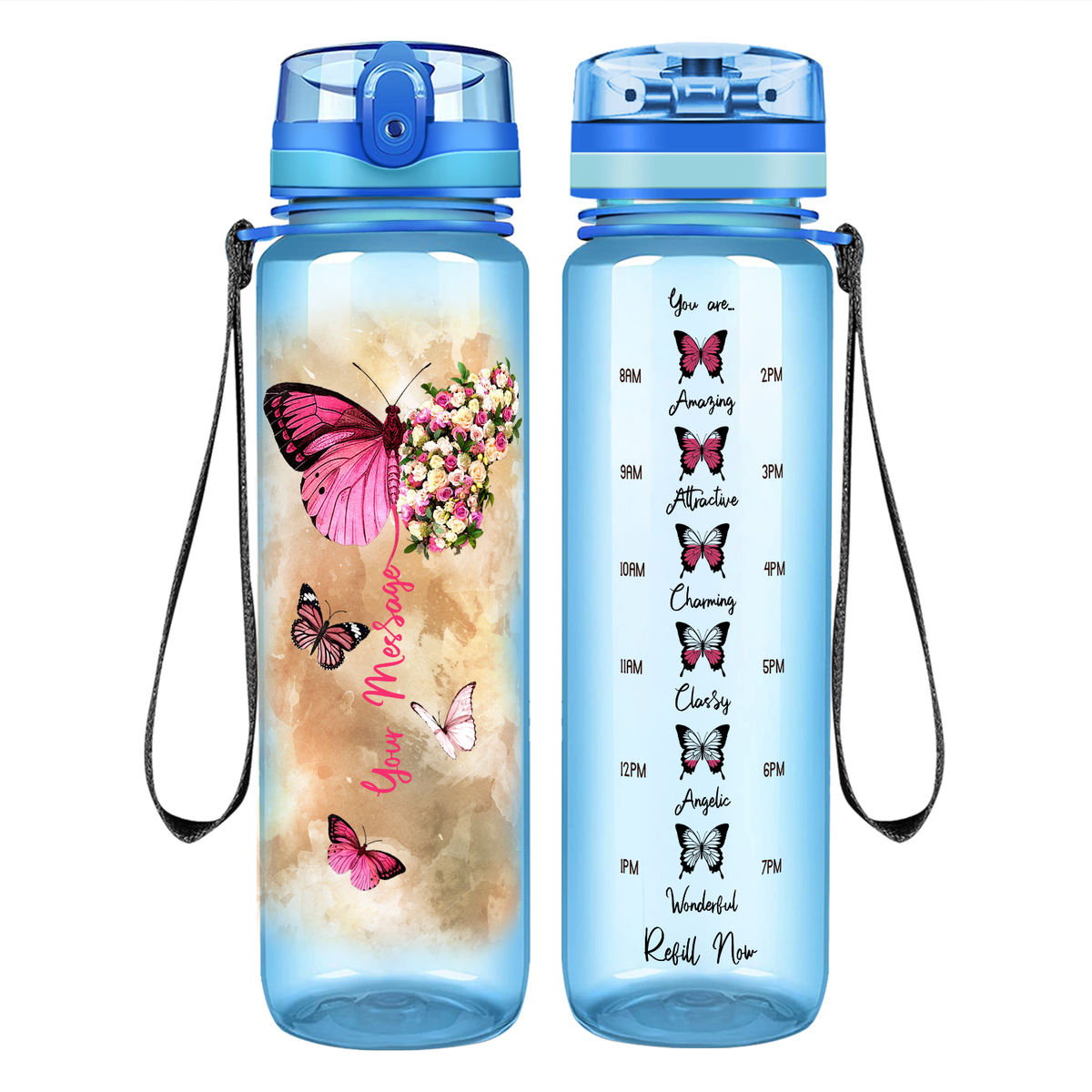 Personalized Butterflies Custom Message on 32 oz Motivational Tracking Water Bottle