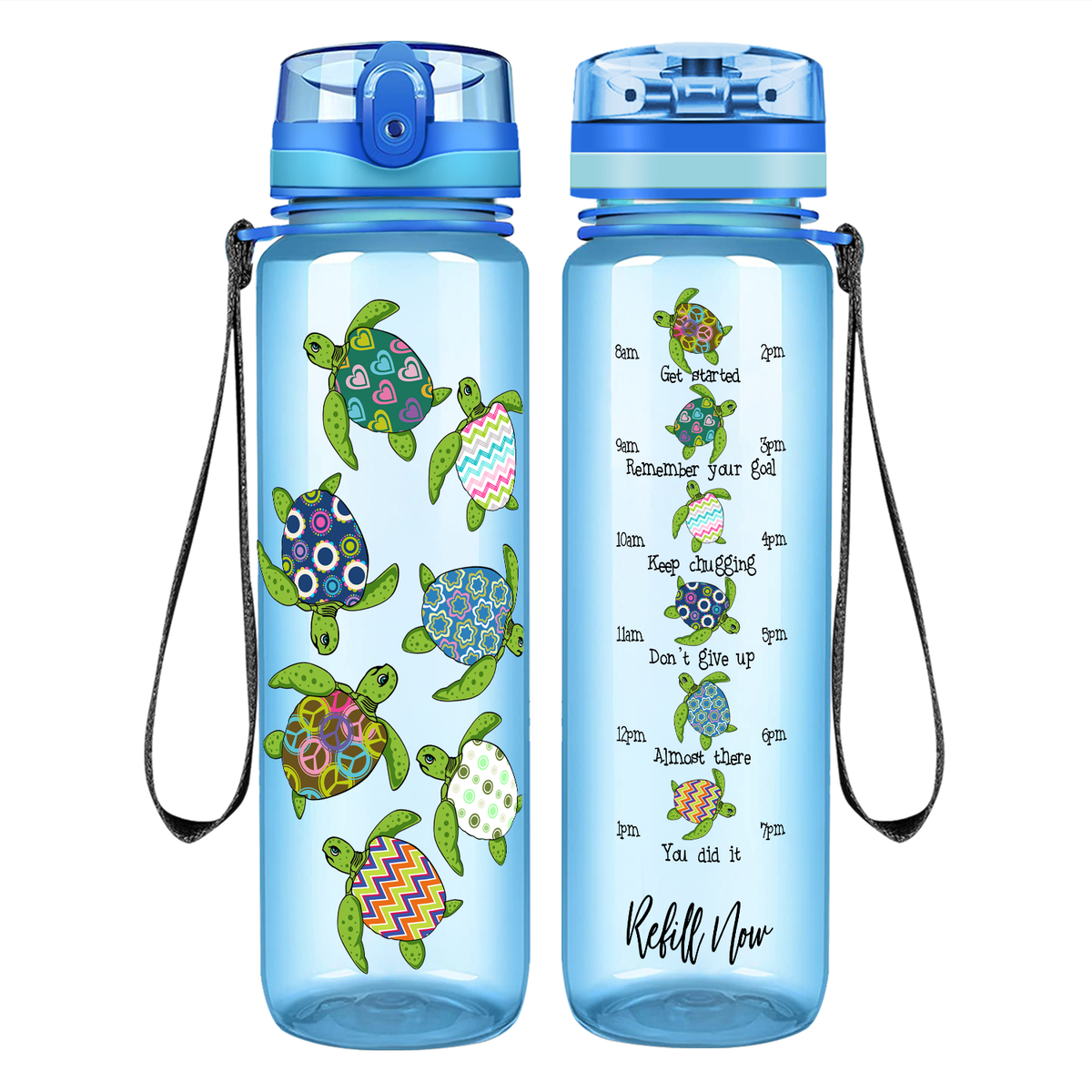 Colorful Turtles on 32 oz Motivational Tracking Water Bottle