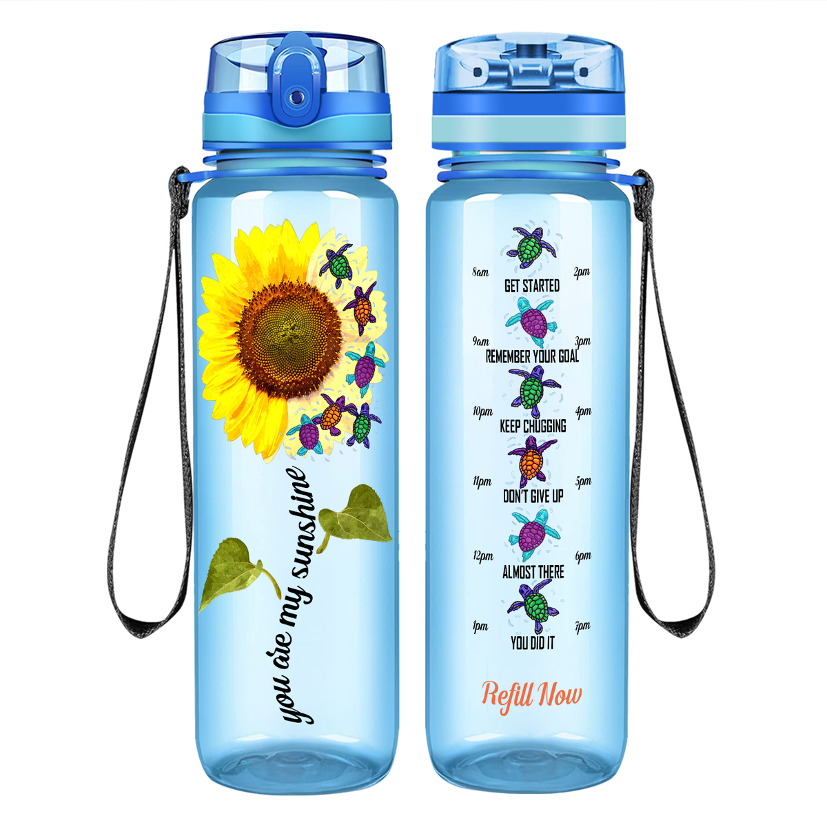 Turtles You Are My Sunshine Sunflower on 32 oz Motivational Tracking Water Bottle