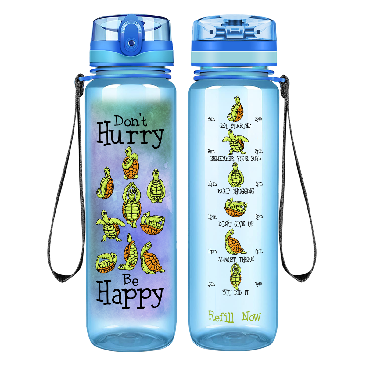 Don't Hurry Be Happy on 32 oz Motivational Tracking Water Bottle