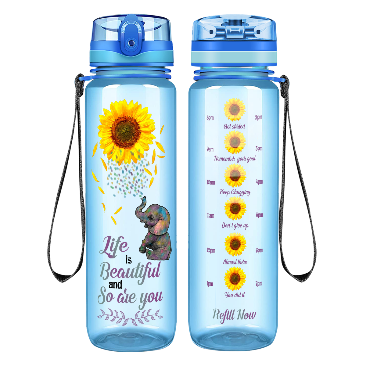 Life Is Beautiful and So Are You Sunflower with Elephant on 32 oz Motivational Tracking Water Bottle