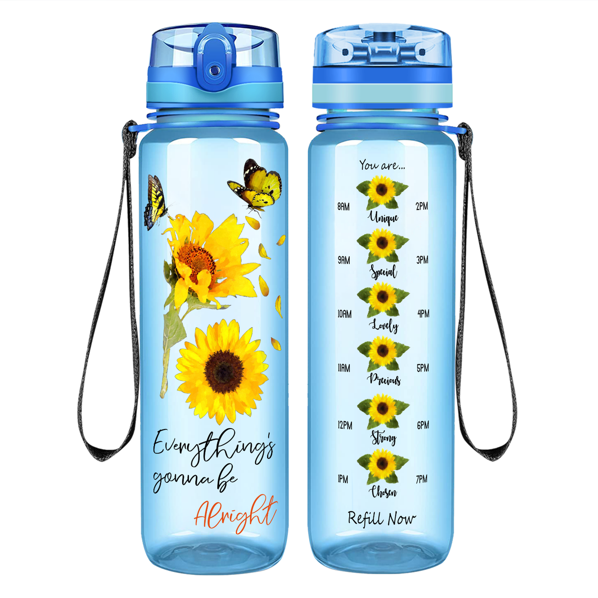 Everything's Gonna Be Alright Sunflower with Butterflies on 32 oz Motivational Tracking Water Bottle