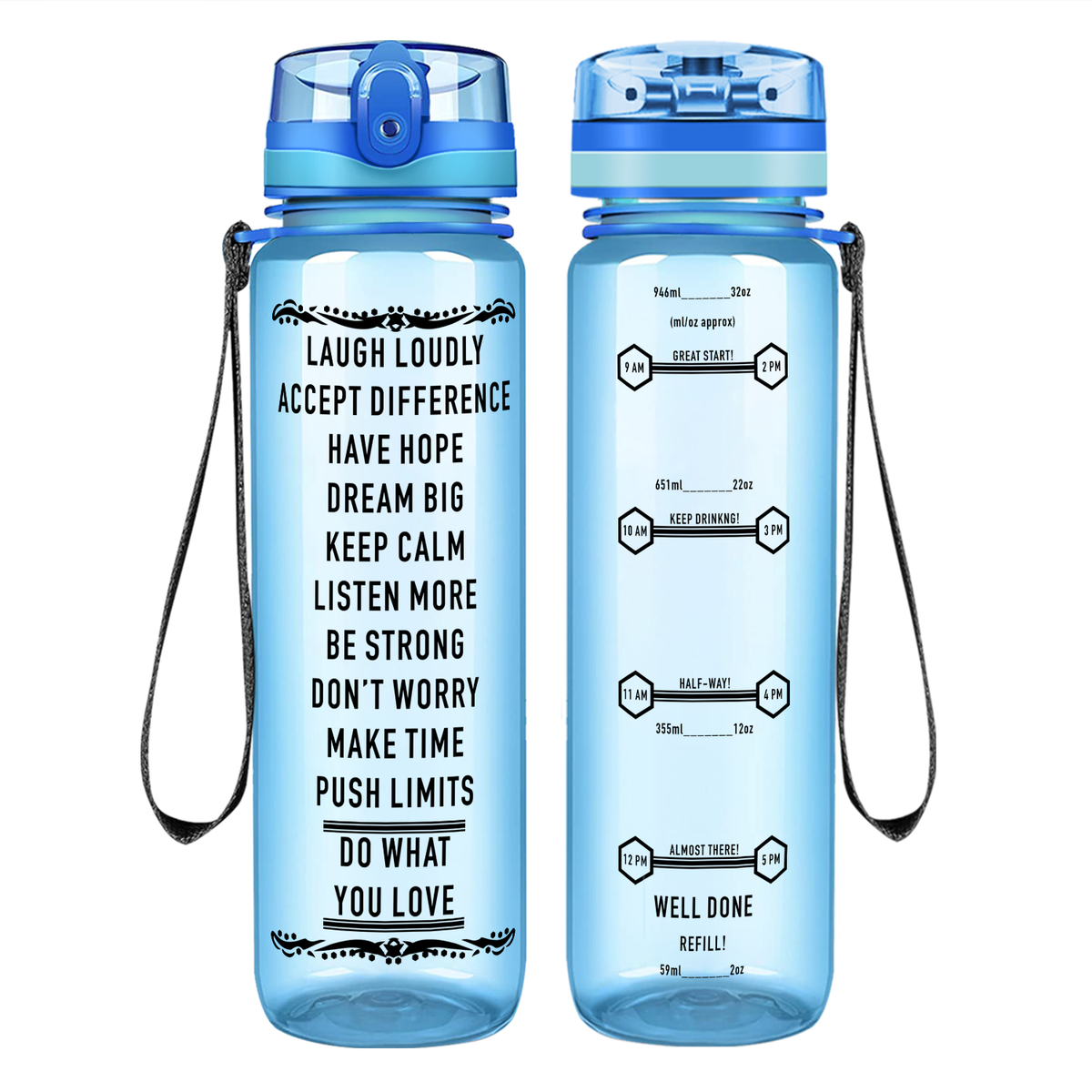 Laugh Loudly on 32 oz Motivational Tracking Water Bottle
