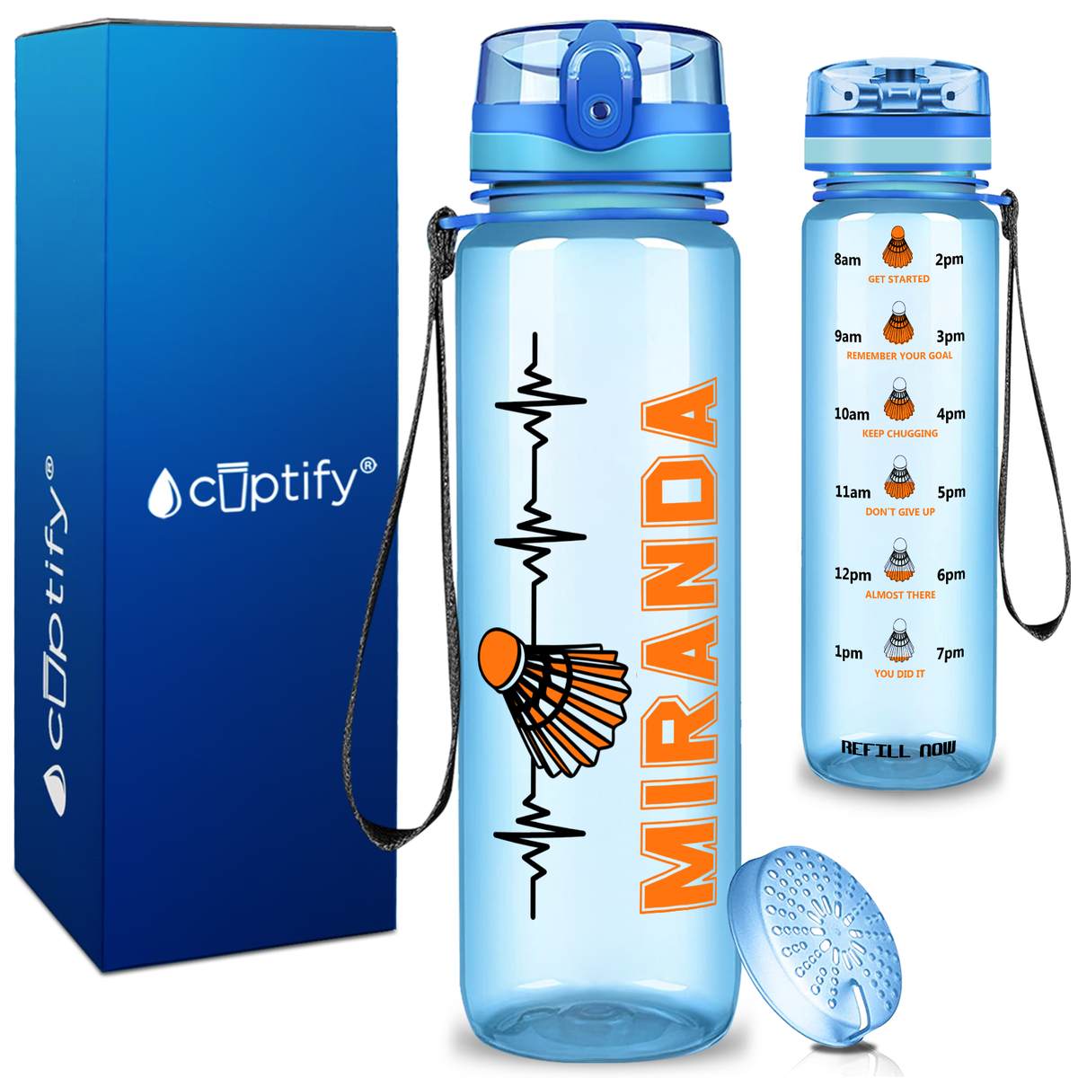 Personalized Badminton Heartbeat on 32 oz Motivational Tracking Water Bottle