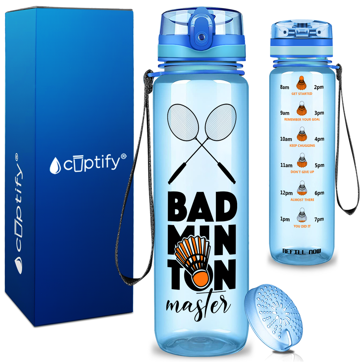 Personalized Badminton Master on 32 oz Motivational Tracking Water Bottle