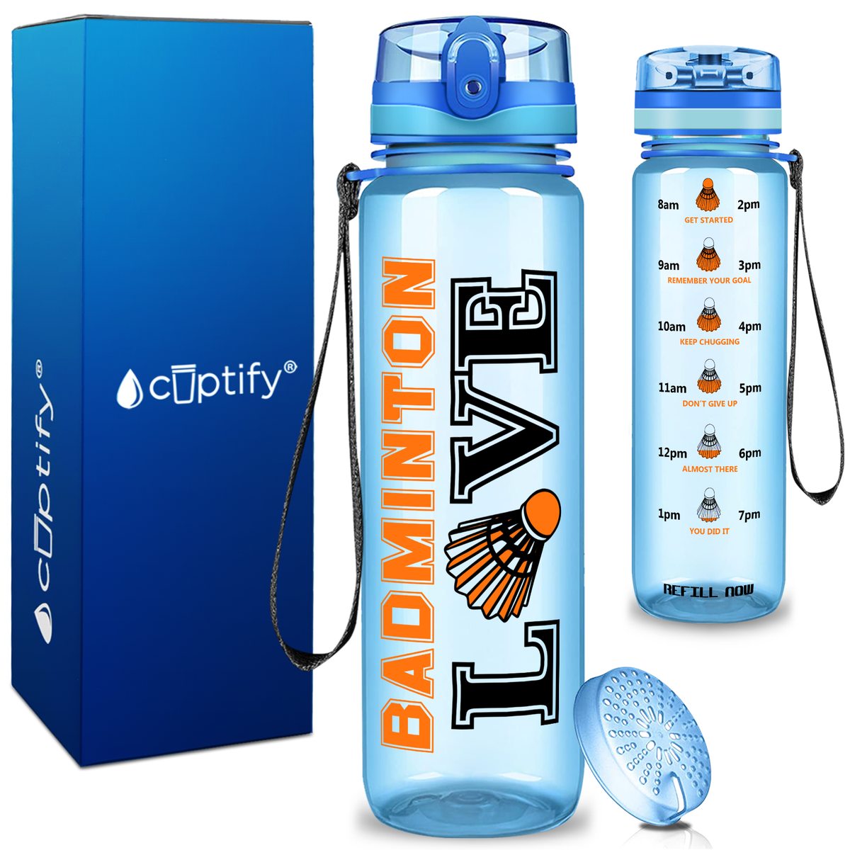 Love Badminton on 32 oz Motivational Tracking Water Bottle