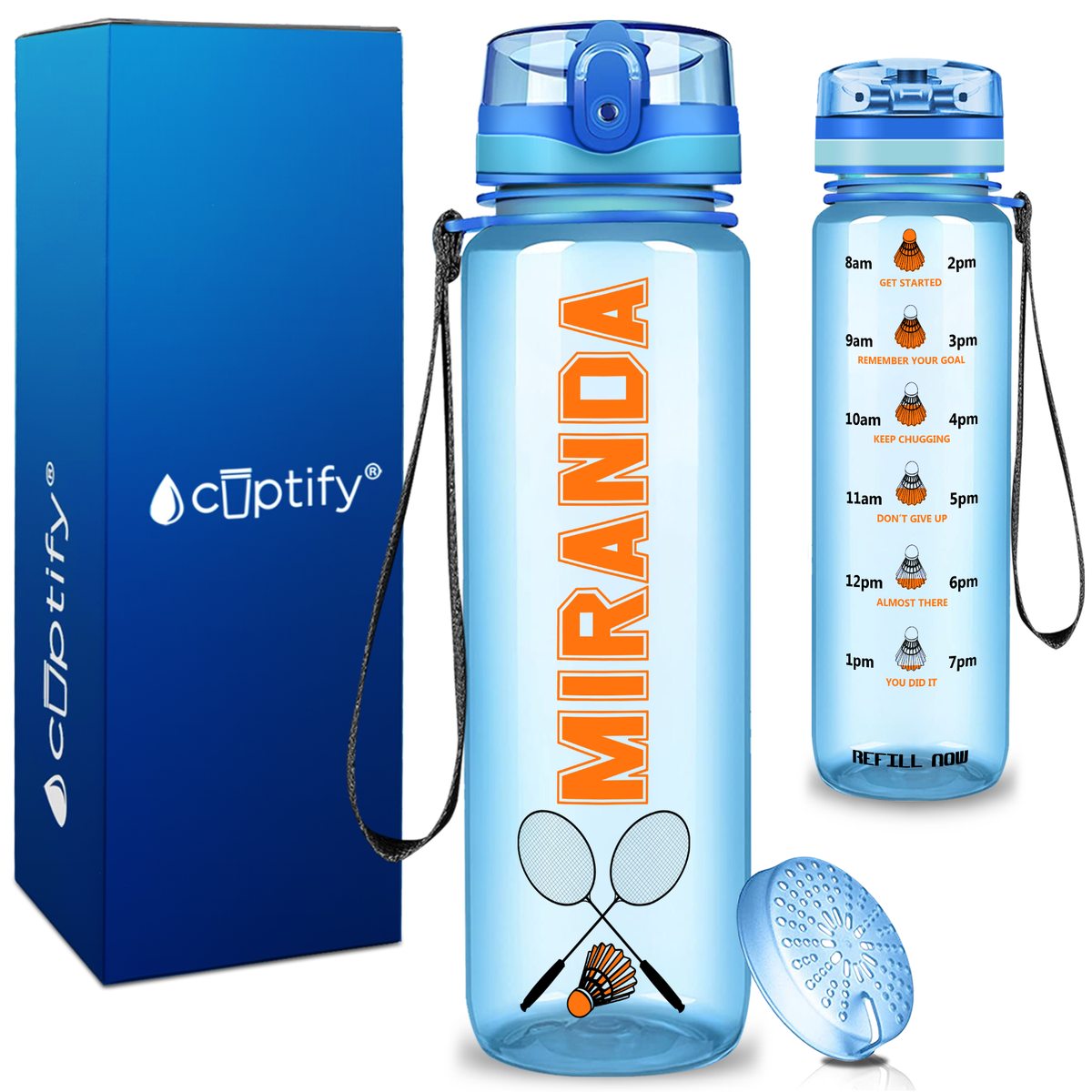 Personalized Badminton Rackets and Shuttlecock on 32 oz Motivational Tracking Water Bottle