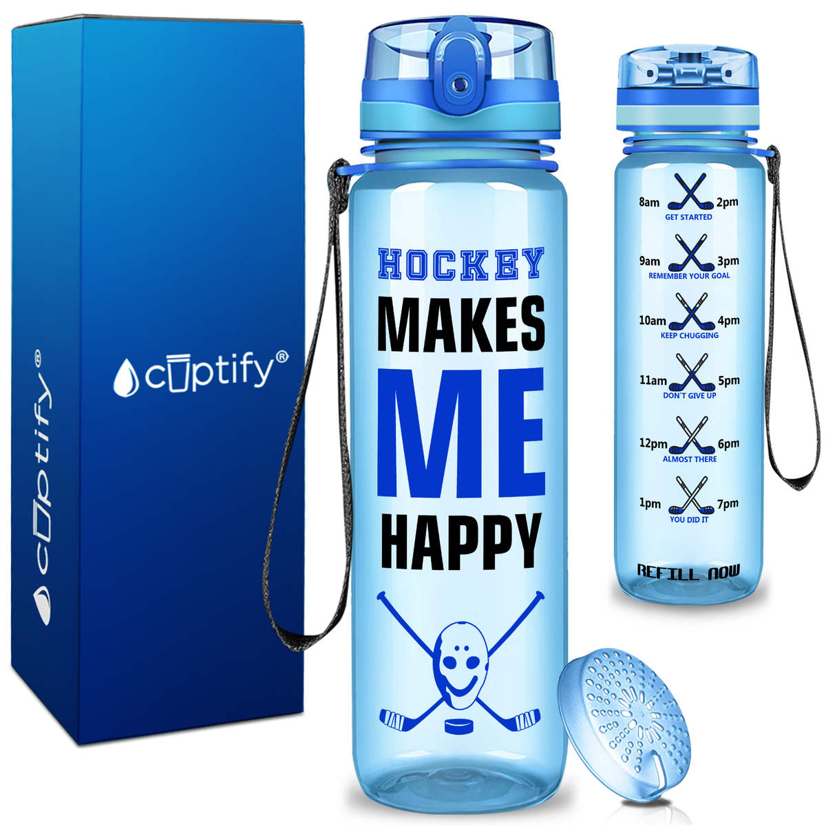 Personalized Hockey Makes Me Happy on 32 oz Motivational Tracking Water Bottle
