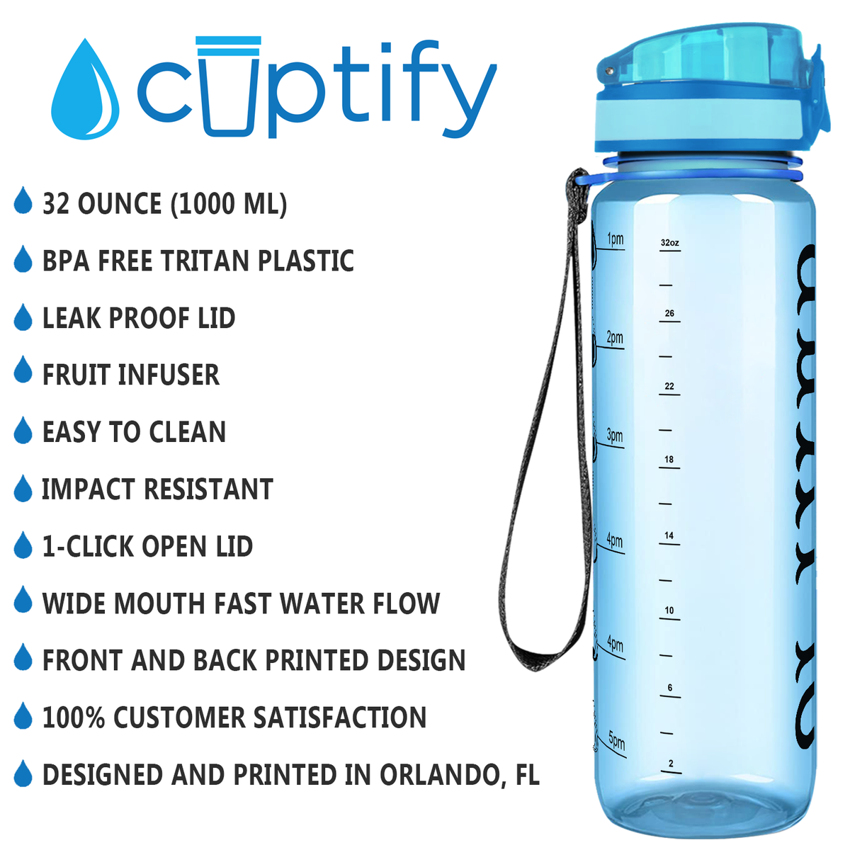 Kids Personalized on Baby Blue 32 oz Motivational Tracking Water Bottle