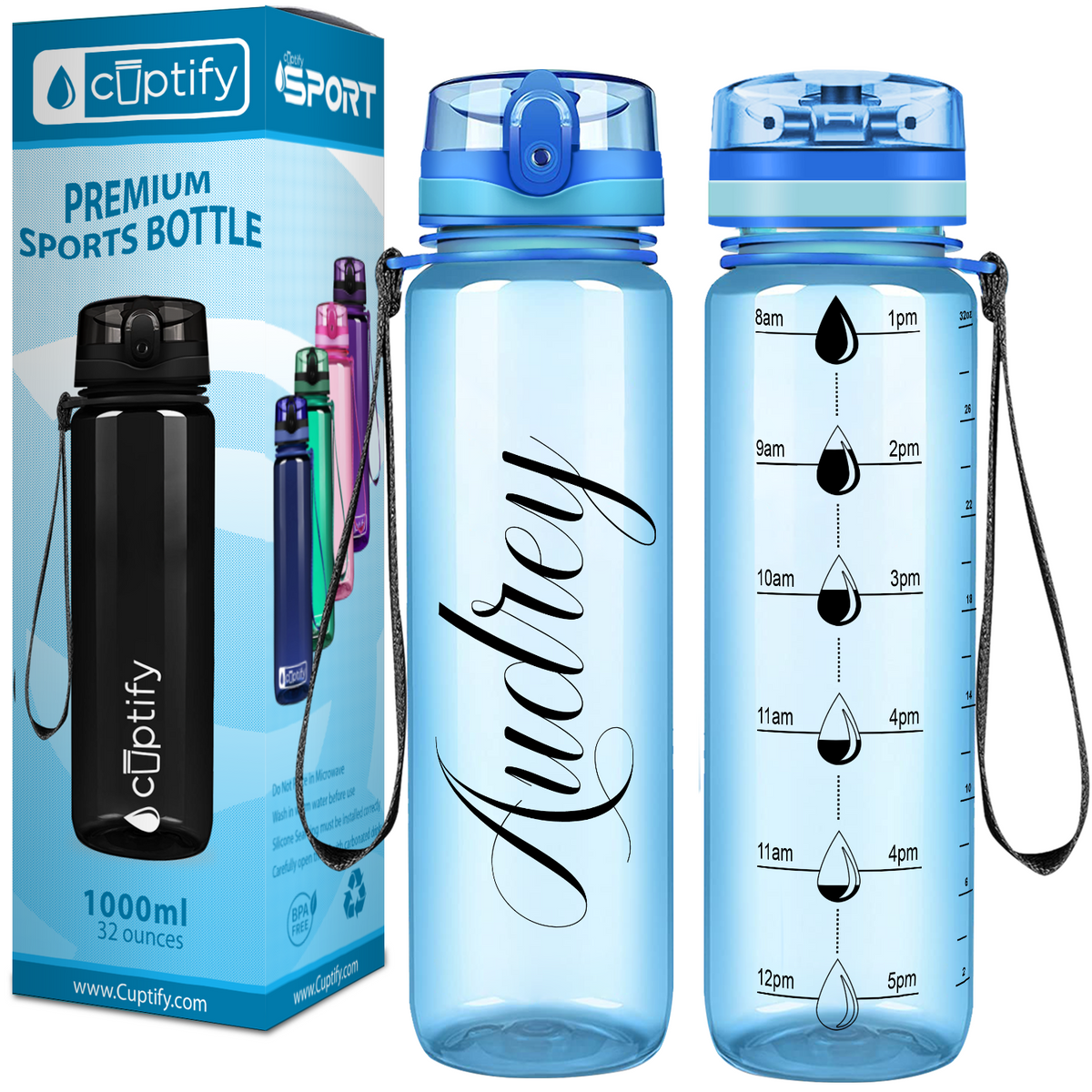 Baby Blue 32 oz Personalized Motivational Tracking Water Bottle