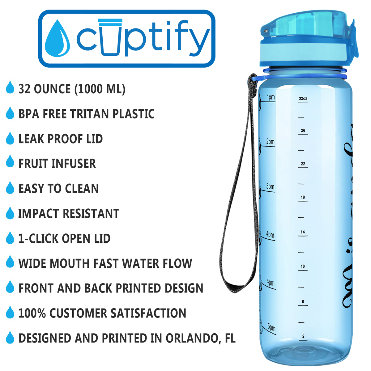 Baby Blue 32 oz Personalized Motivational Tracking Water Bottle