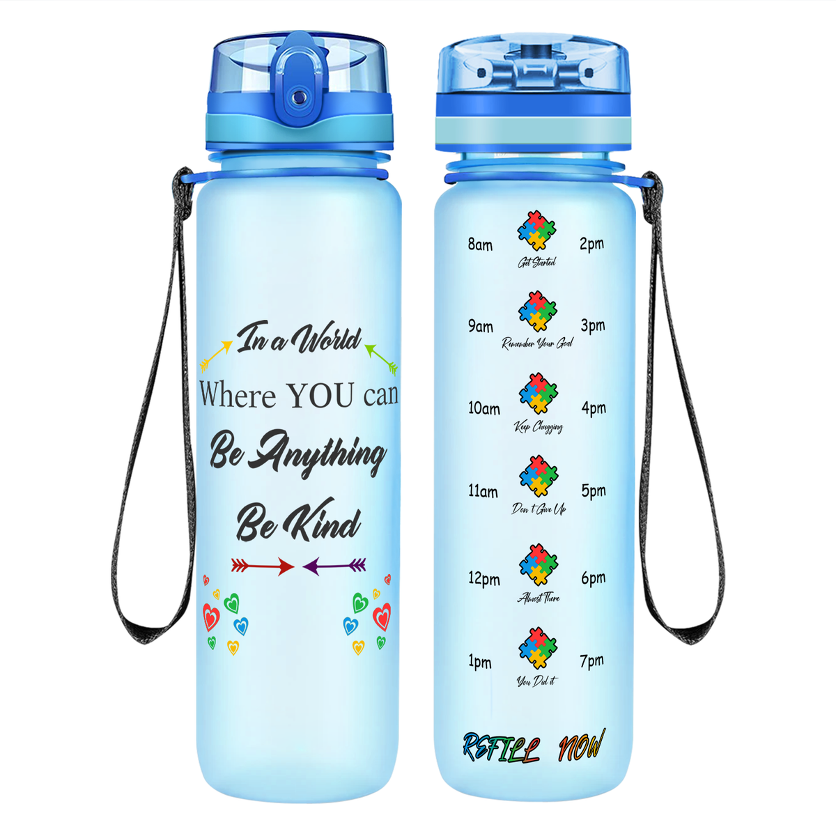 In a World Where You Can Be Anything Be Kind on 32 oz Motivational Tracking Water Bottle
