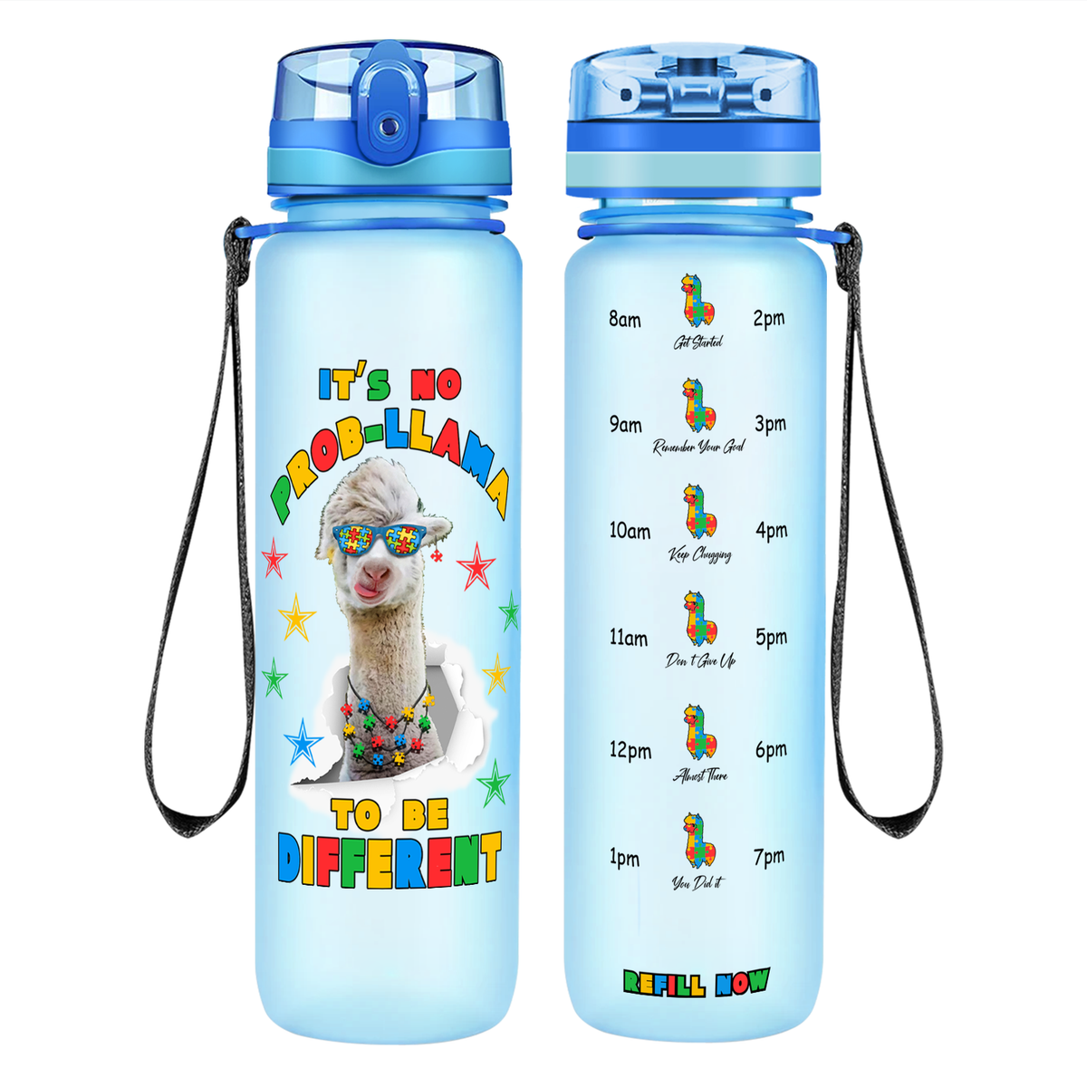 No Prob-llama Autism Stars on 32 oz Motivational Tracking Water Bottle