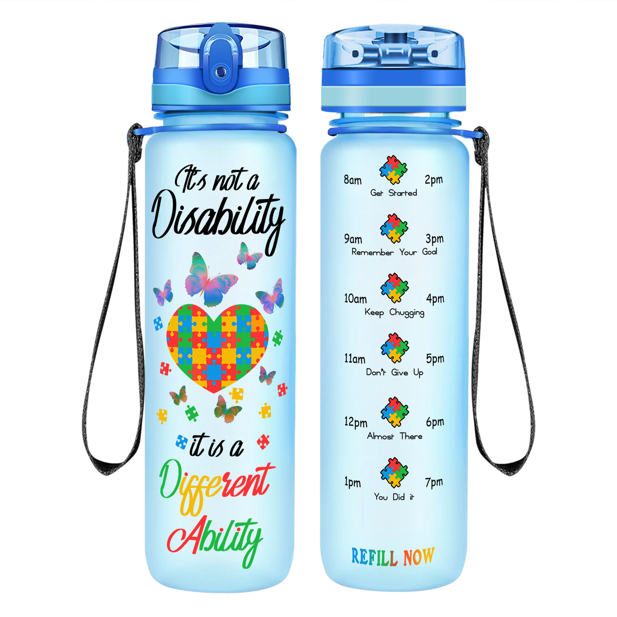Autism Colorful Butterfly Different Ability on 32 oz Motivational Tracking Water Bottle