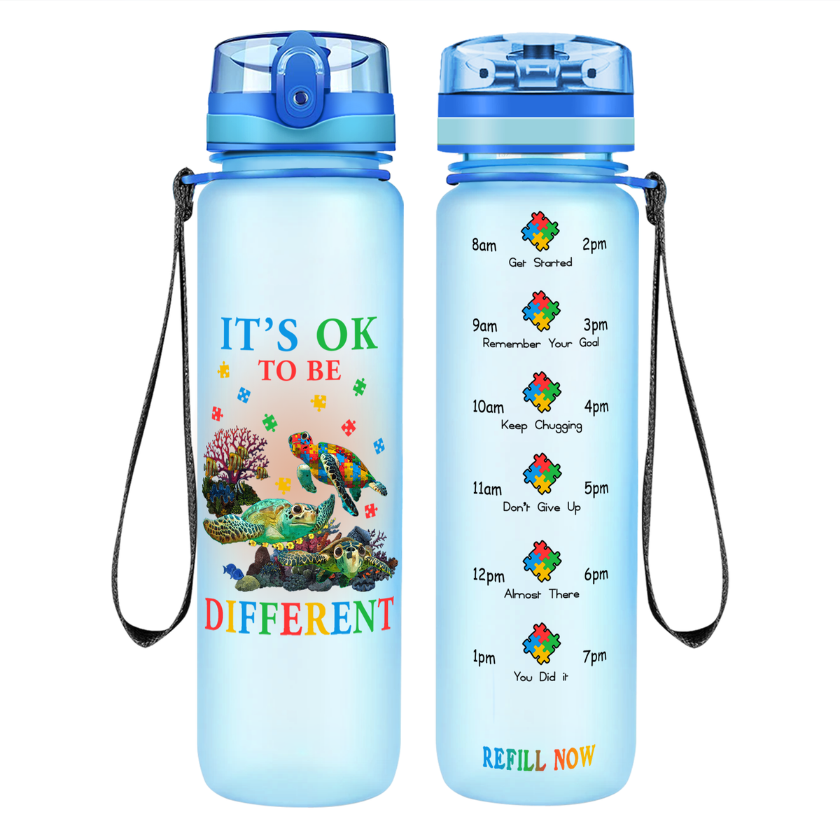 Okay To Be Different Autism Turtle on 32 oz Motivational Tracking Water Bottle