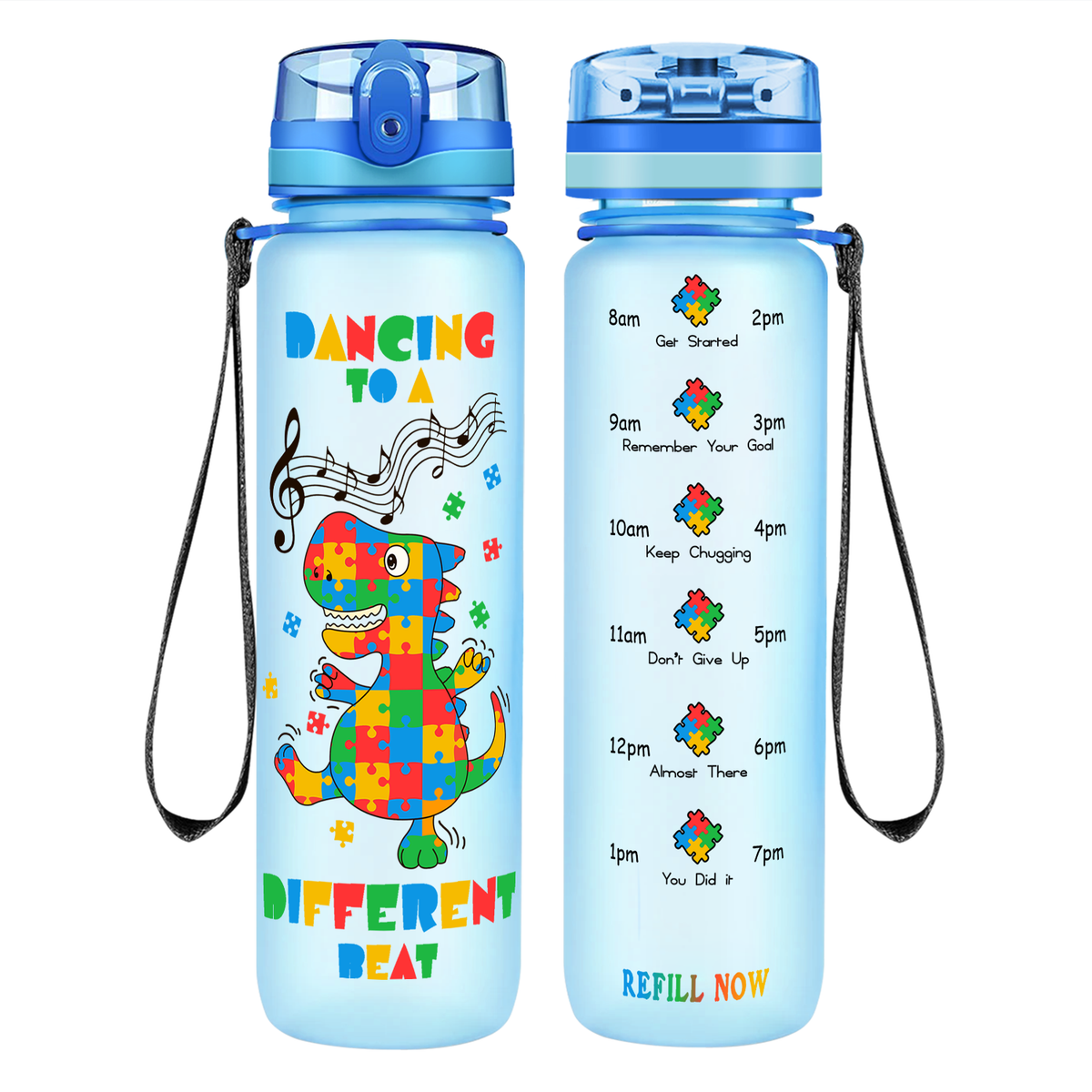 Dancing Dino Different Beat Autism on 32 oz Motivational Tracking Water Bottle