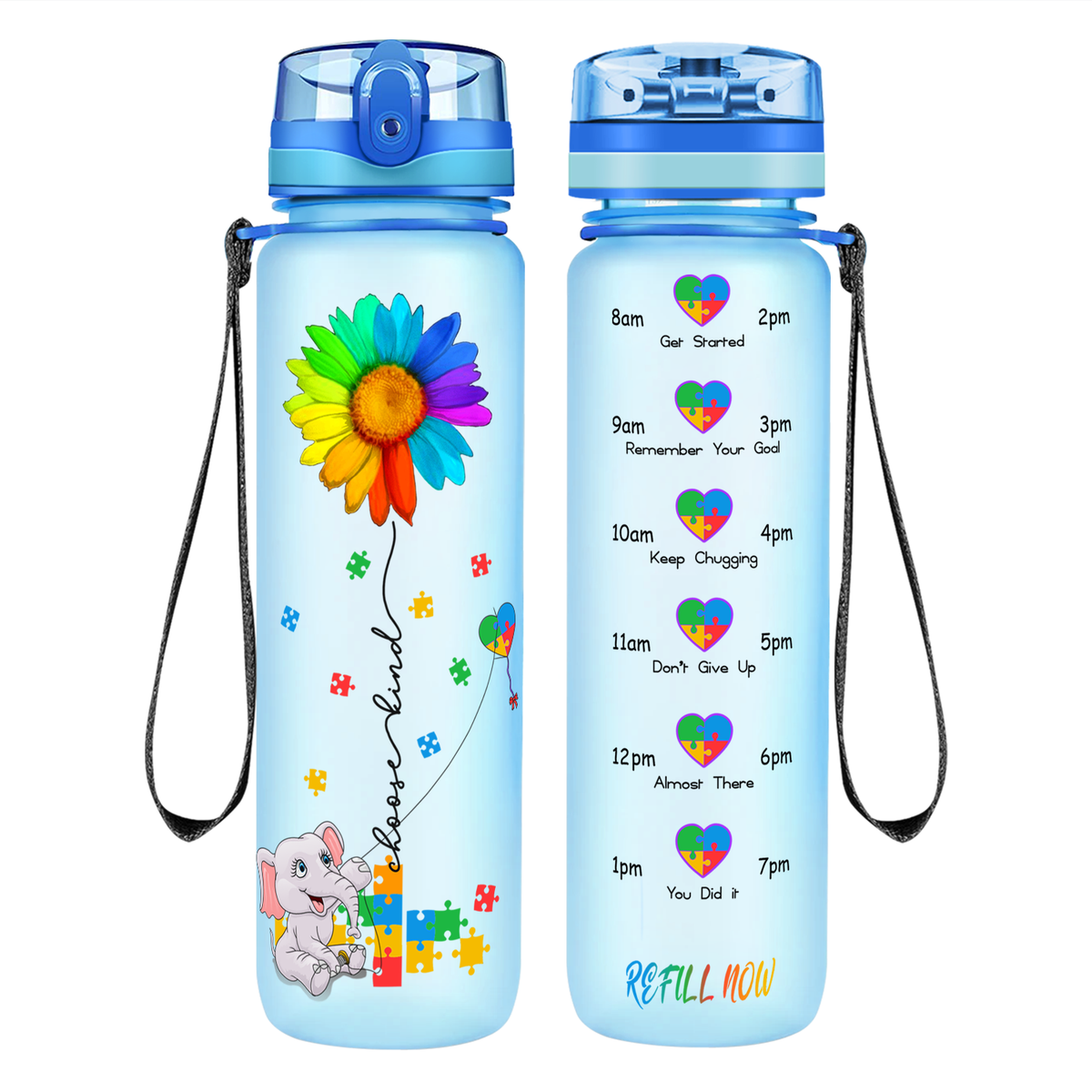 Autism Elephant Kindness Kite on 32 oz Motivational Tracking Water Bottle