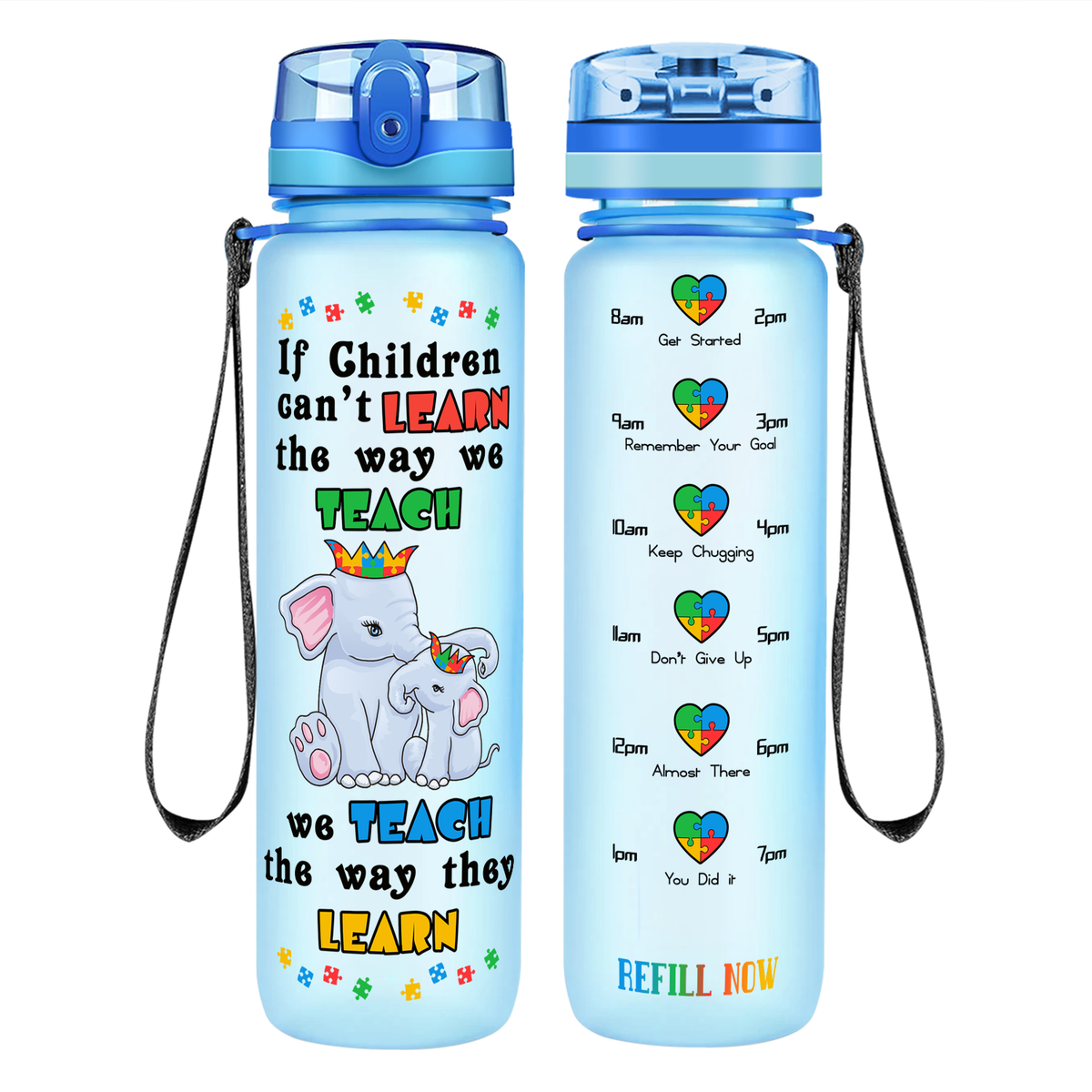 Teach The Way They Learn Elephants on 32 oz Motivational Tracking Autism Water Bottle