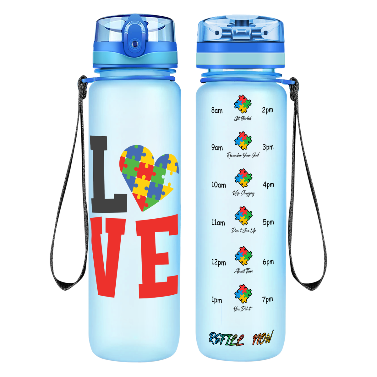 Autism Love on 32 oz Motivational Tracking Water Bottle