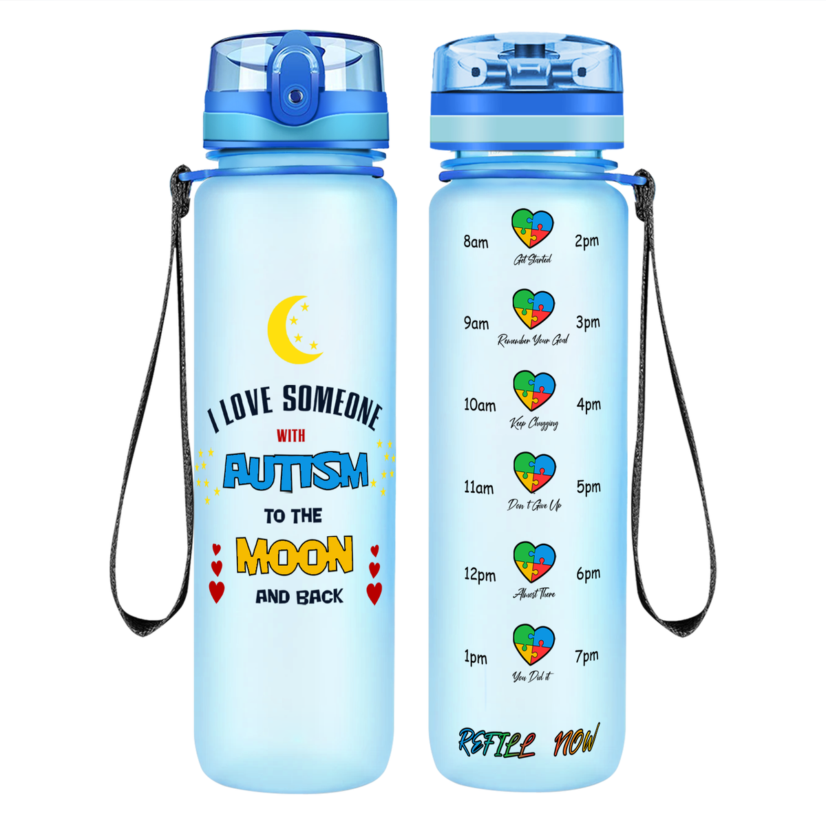I Love Someone with Autism on 32 oz Motivational Tracking Water Bottle