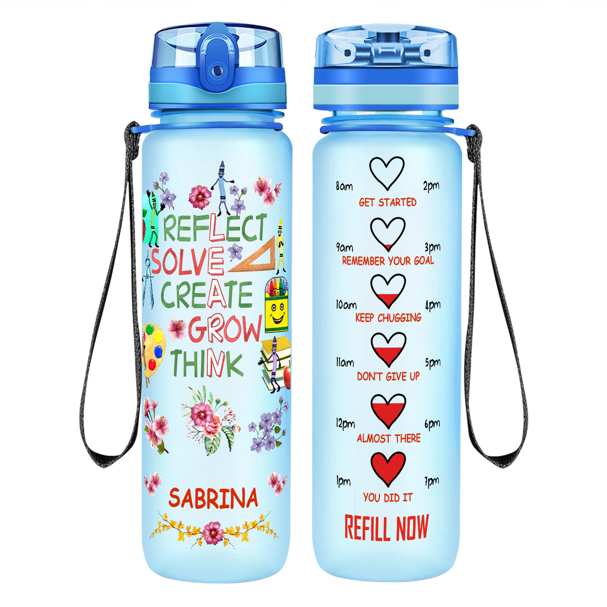 Personalized Reflect Solve Create Grow Think on 32 oz Motivational Tracking Water Bottle