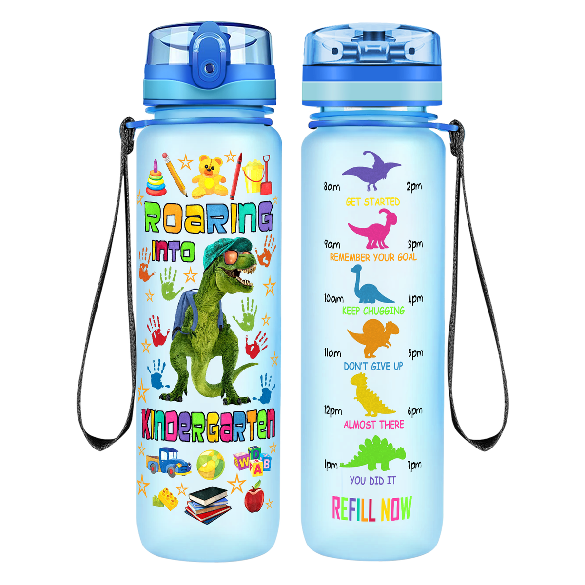 Roaring Into Kindergarten on 32 oz Motivational Tracking Water Bottle