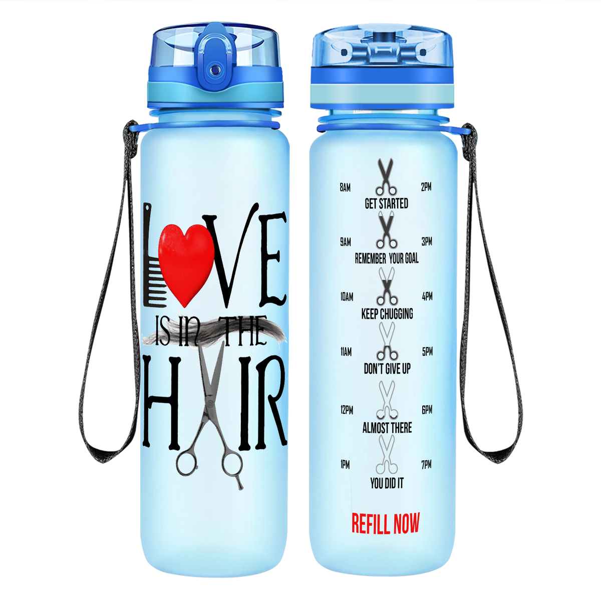 Love Is In The Hair on 32 oz Motivational Tracking Water Bottle