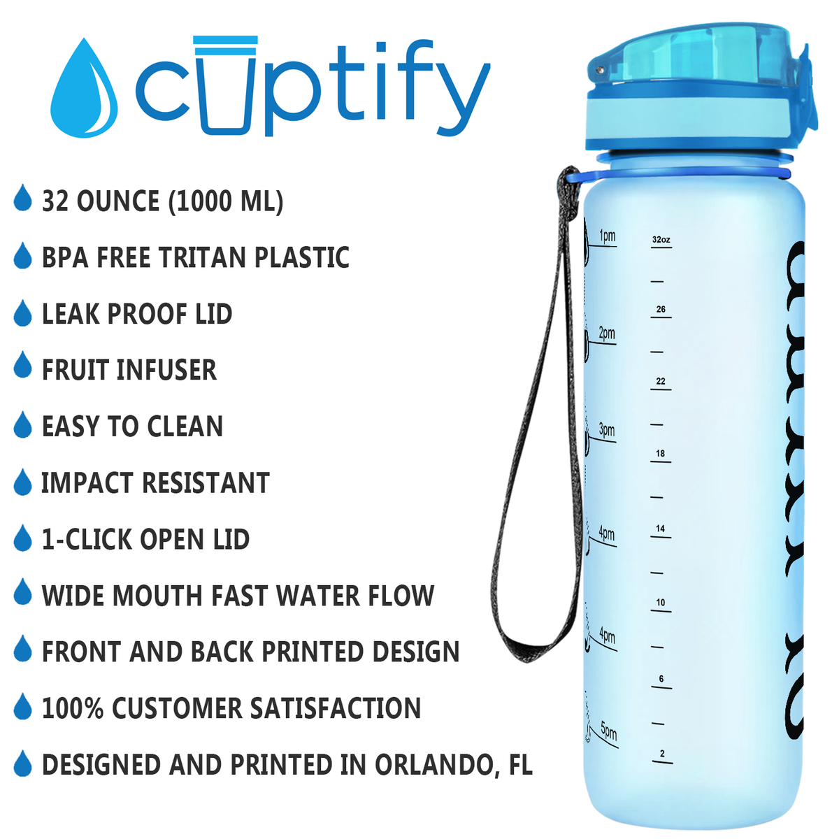 Kids Personalized on Baby Blue Frosted 32 oz Motivational Tracking Water Bottle