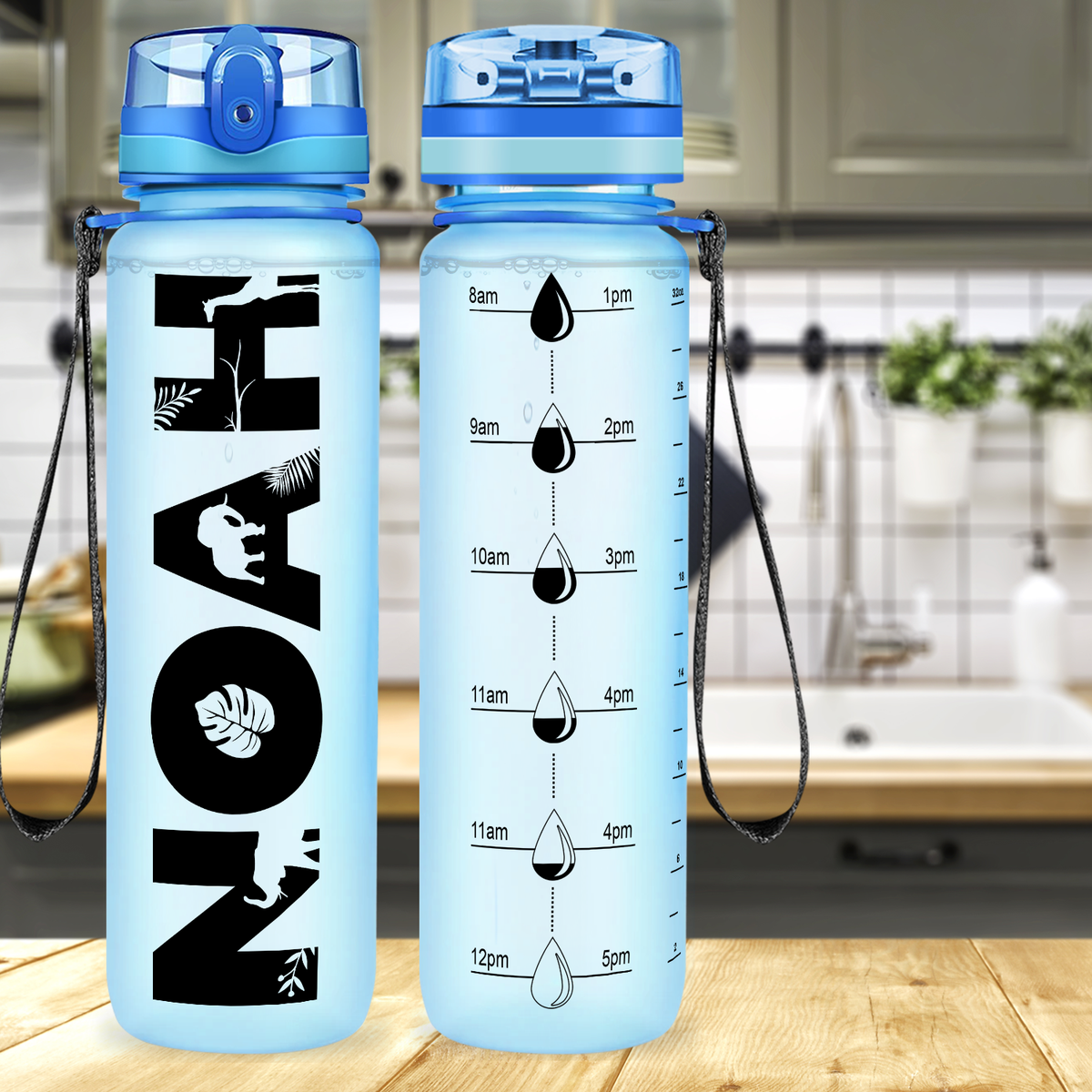 Kids Personalized on Baby Blue Frosted 32 oz Motivational Tracking Water Bottle