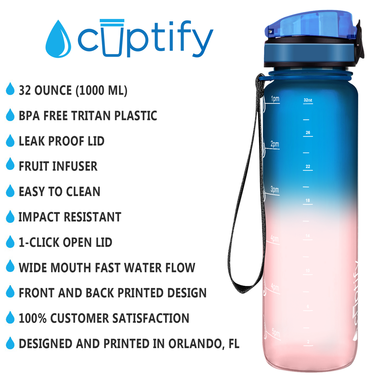 Bubble Gum Frosted 32 oz Hydration Tracker Water Bottle