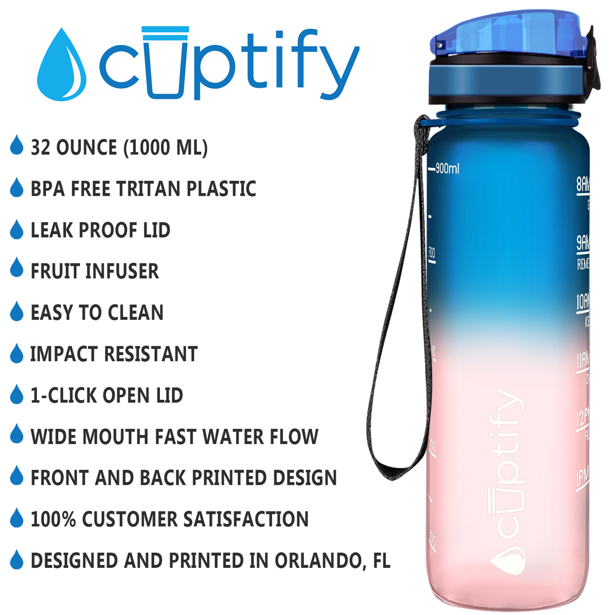 Cuptify Bubble Gum Frosted 32 oz Motivational Water Bottle