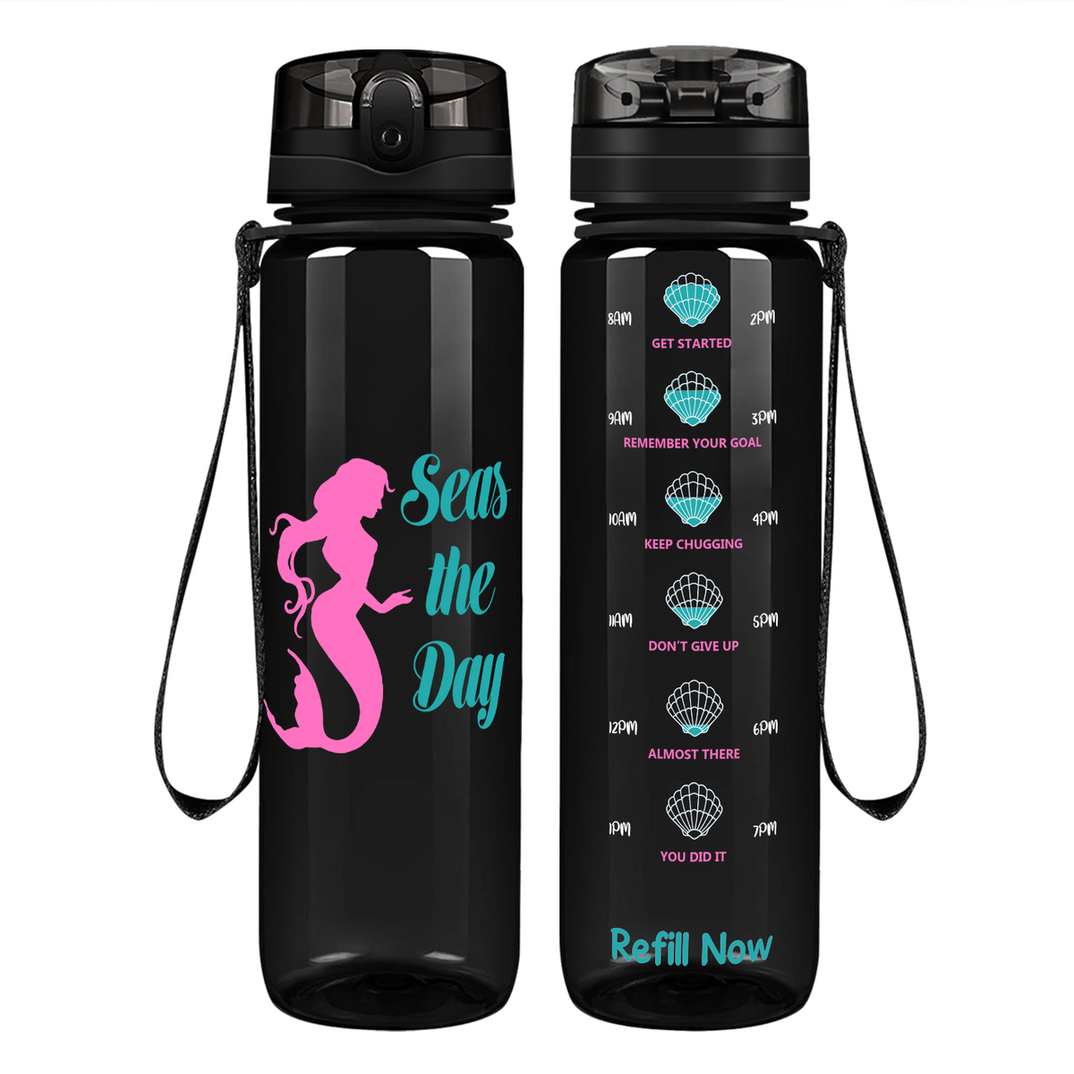 Seas the Day on 32 oz Motivational Tracking Beach Water Bottle