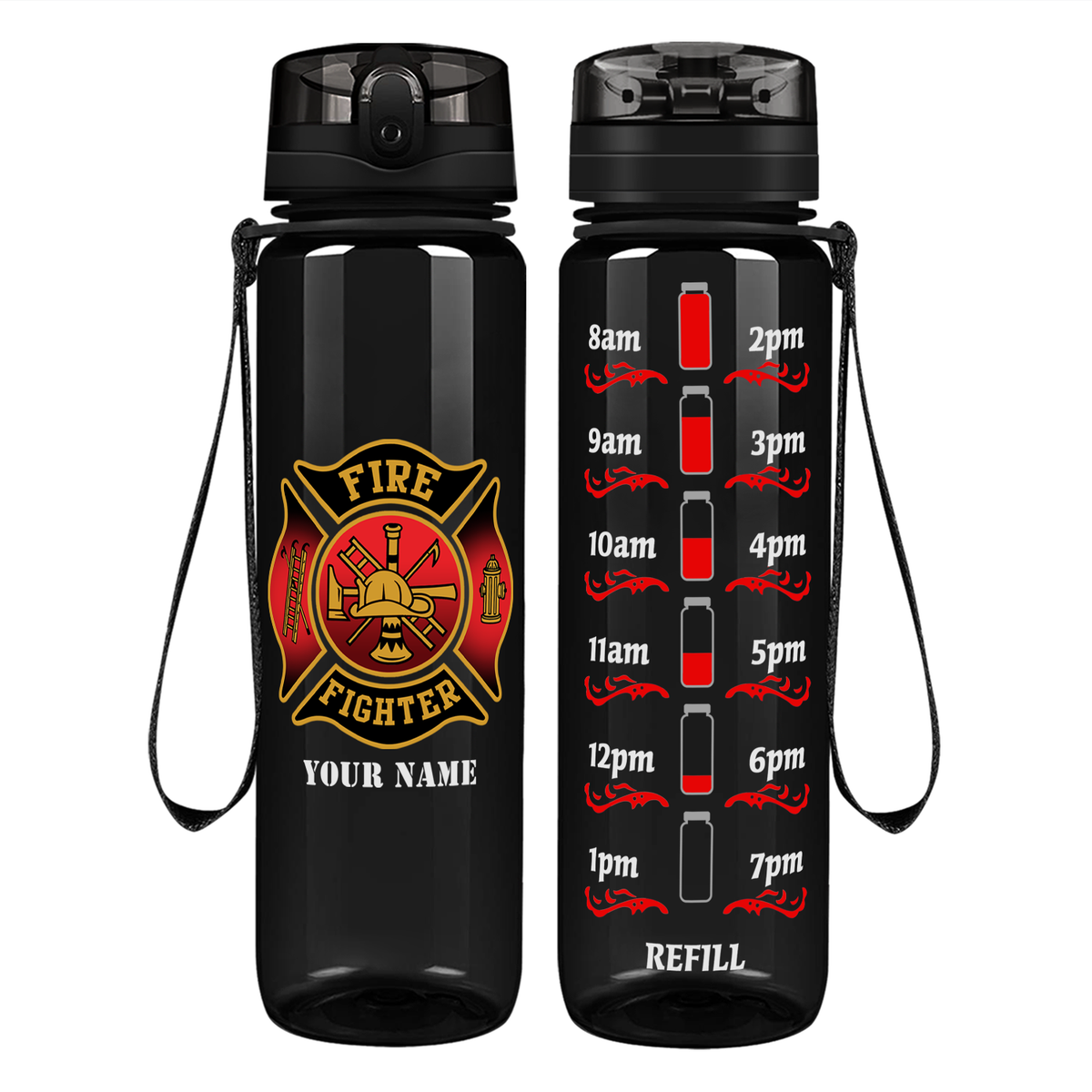 Personalized Black Red Fire Department Badge on 32 oz Motivational Tracking Water Bottle