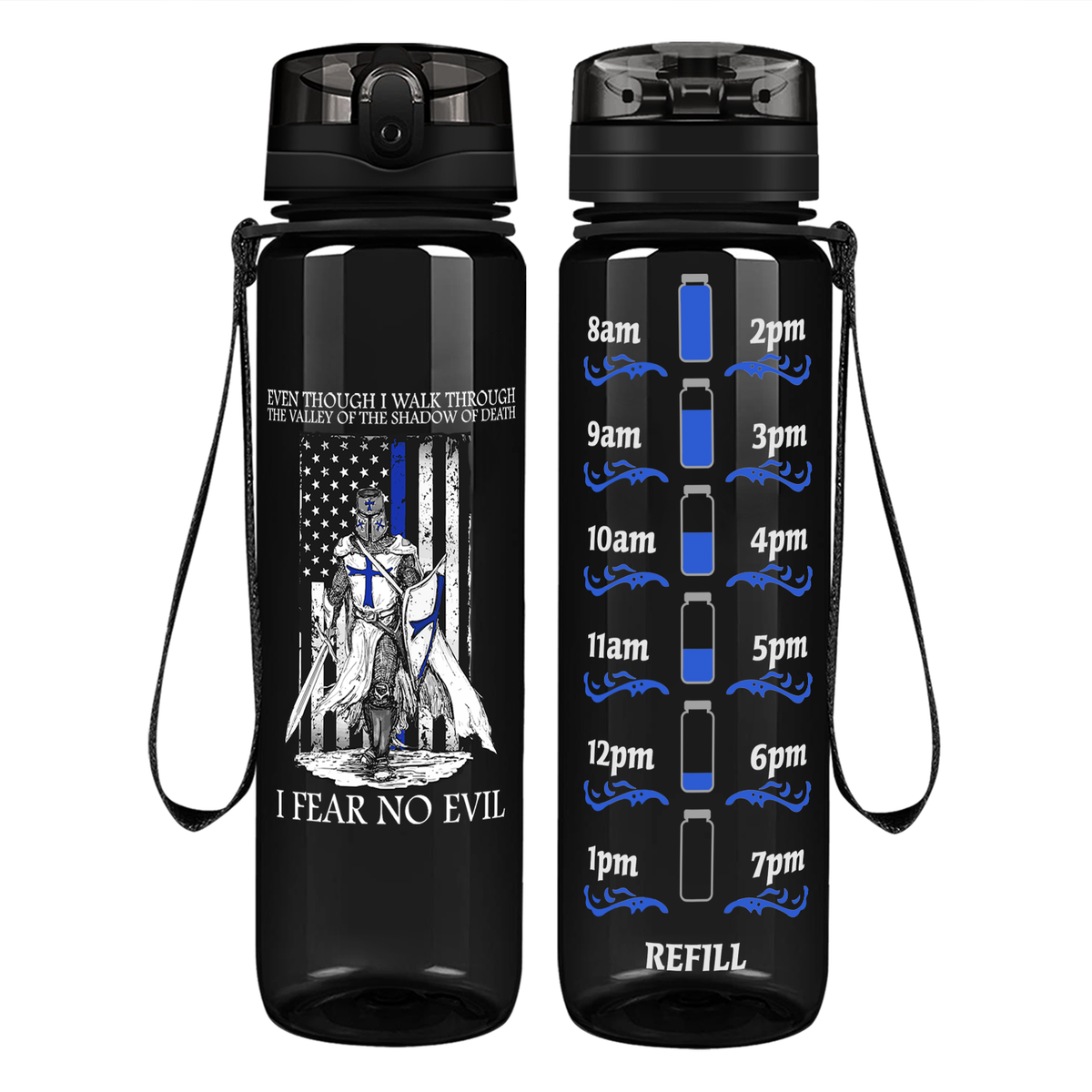 Thin Blue Line Police Knight on 32 oz Motivational Tracking Water Bottle