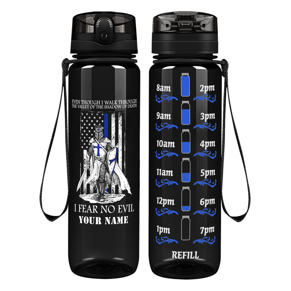 Personalized Thin Blue Line Police Knight on 32 oz Motivational Tracking Water Bottle