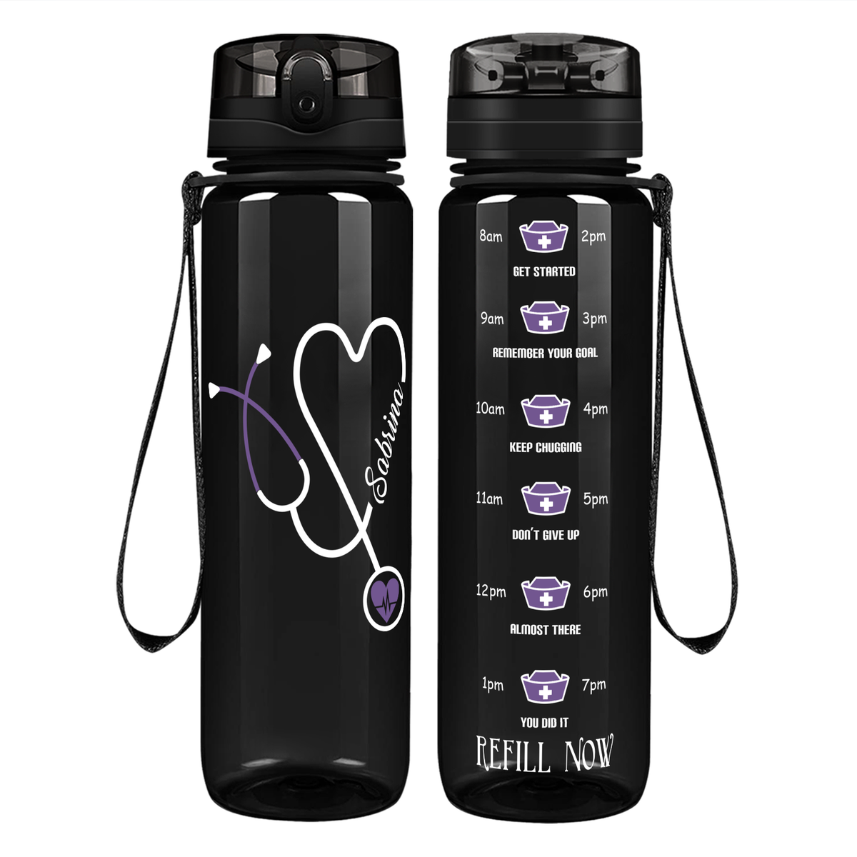 Personalized Nurse Water Bottle Stethoscope Purple 32oz Motivational Tracking Bottle